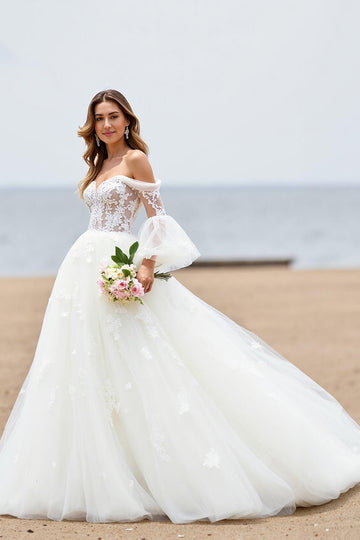 Ivory Off The Shoulder A Line Wedding Dress with Appliques